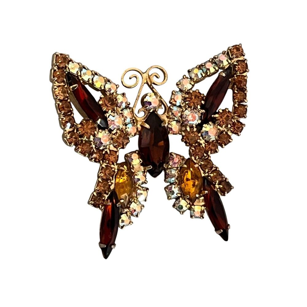 Vintage 1960s Amber Crystal Butterfly Brooch Pin Rhinestone - 7Y